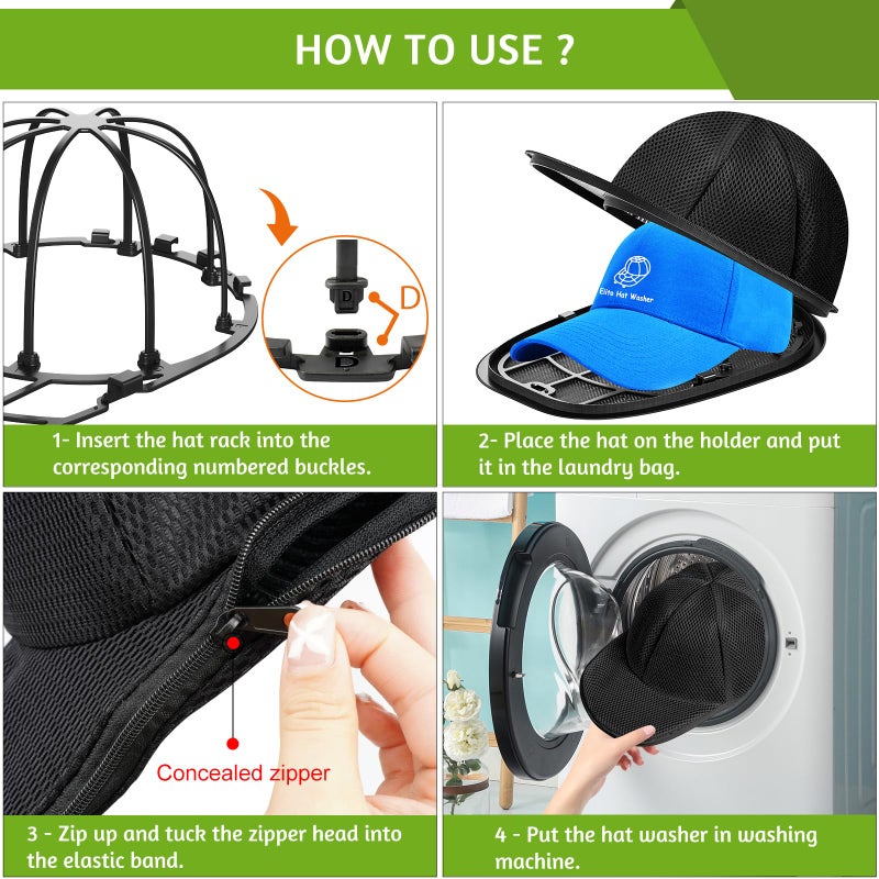 Eiito Hat Washer Cage Hat Washing Machine with Frame Cage and Hat Washer Bag Baseball Hat Washer Suitable for Adult and Kid's 1-Pack Black - Image 3